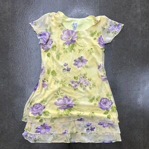 Vintage 90s K Petite Size 14P Medium Yellow Floral Ruffled Mini Babydoll Dress